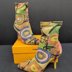 Vivianly All Over Print Stiletto Ankle Boots Women's US 6.5 Multi
